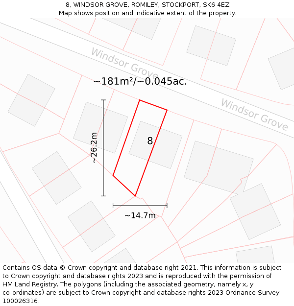 8, WINDSOR GROVE, ROMILEY, STOCKPORT, SK6 4EZ: Plot and title map