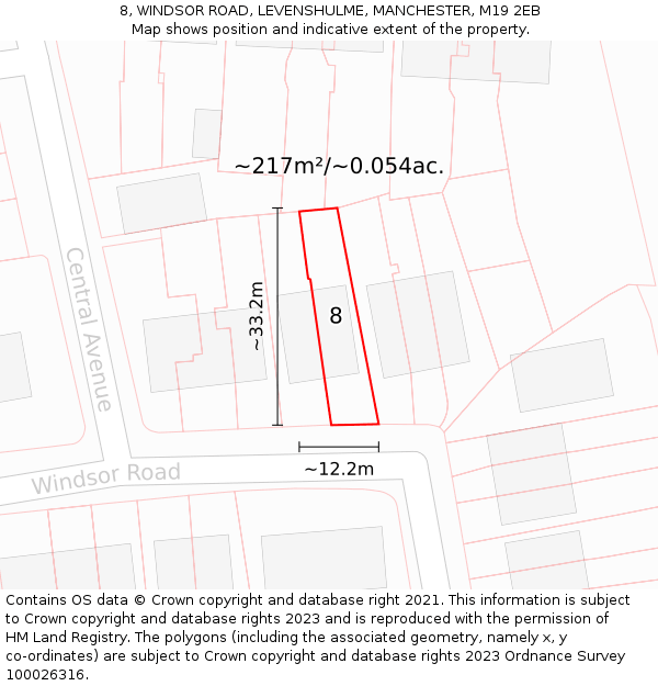 8, WINDSOR ROAD, LEVENSHULME, MANCHESTER, M19 2EB: Plot and title map