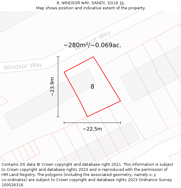 8, WINDSOR WAY, SANDY, SG19 1JL: Plot and title map