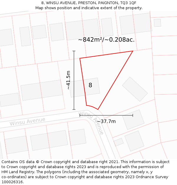 8, WINSU AVENUE, PRESTON, PAIGNTON, TQ3 1QF: Plot and title map