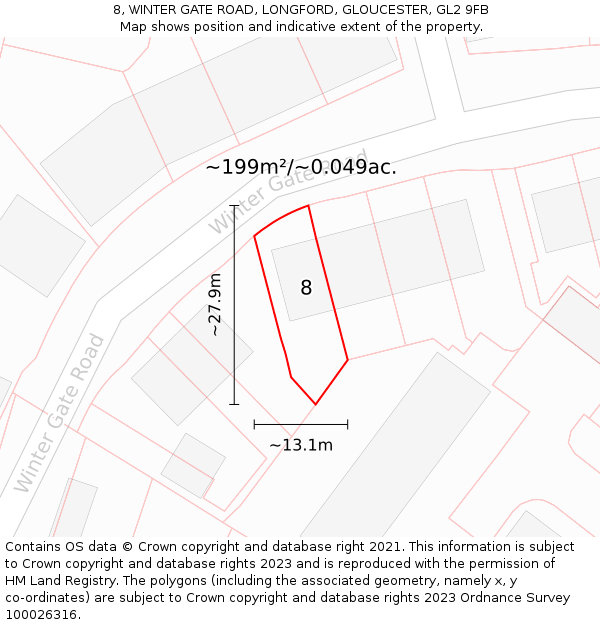 8, WINTER GATE ROAD, LONGFORD, GLOUCESTER, GL2 9FB: Plot and title map