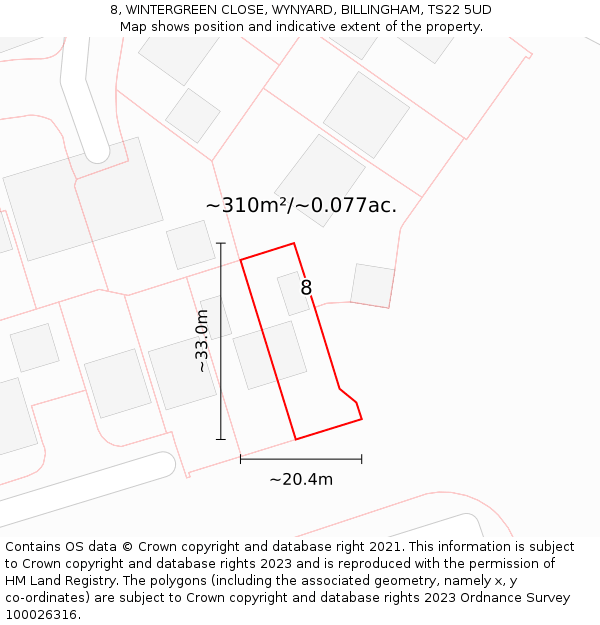 8, WINTERGREEN CLOSE, WYNYARD, BILLINGHAM, TS22 5UD: Plot and title map
