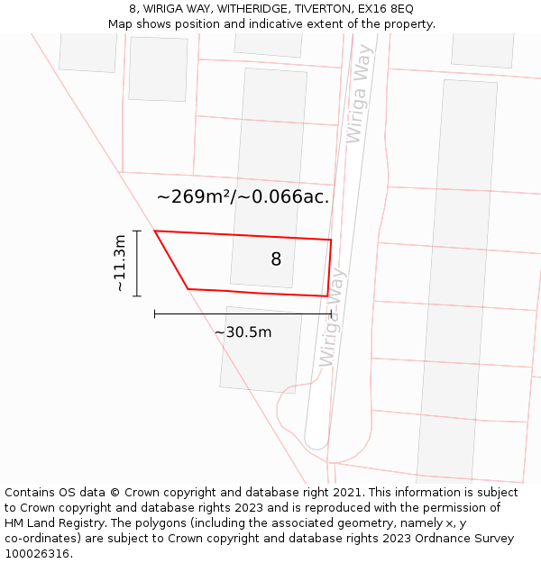 8, WIRIGA WAY, WITHERIDGE, TIVERTON, EX16 8EQ: Plot and title map