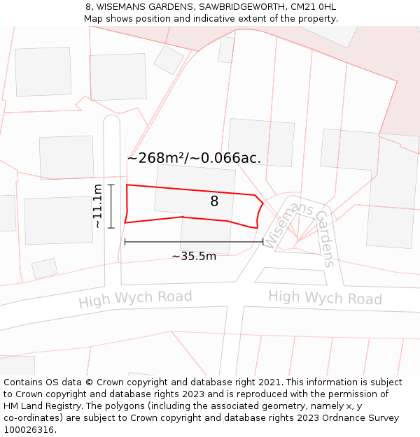 8, WISEMANS GARDENS, SAWBRIDGEWORTH, CM21 0HL: Plot and title map