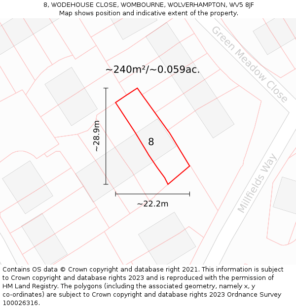8, WODEHOUSE CLOSE, WOMBOURNE, WOLVERHAMPTON, WV5 8JF: Plot and title map