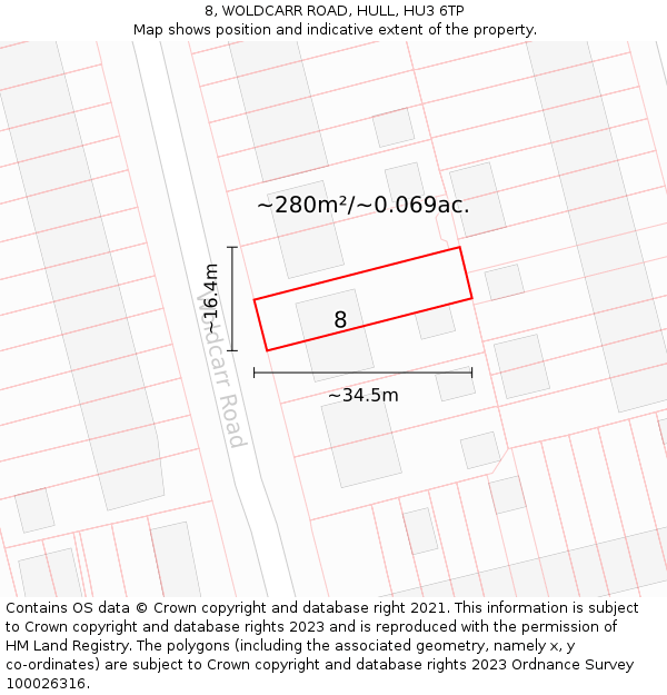 8, WOLDCARR ROAD, HULL, HU3 6TP: Plot and title map