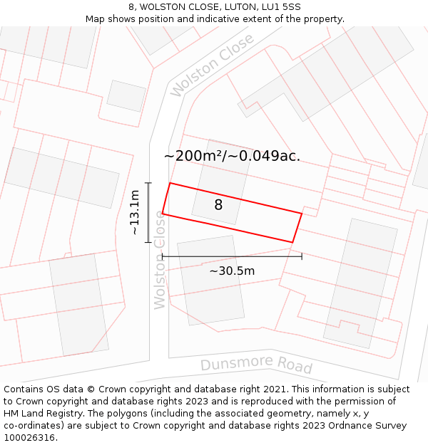 8, WOLSTON CLOSE, LUTON, LU1 5SS: Plot and title map
