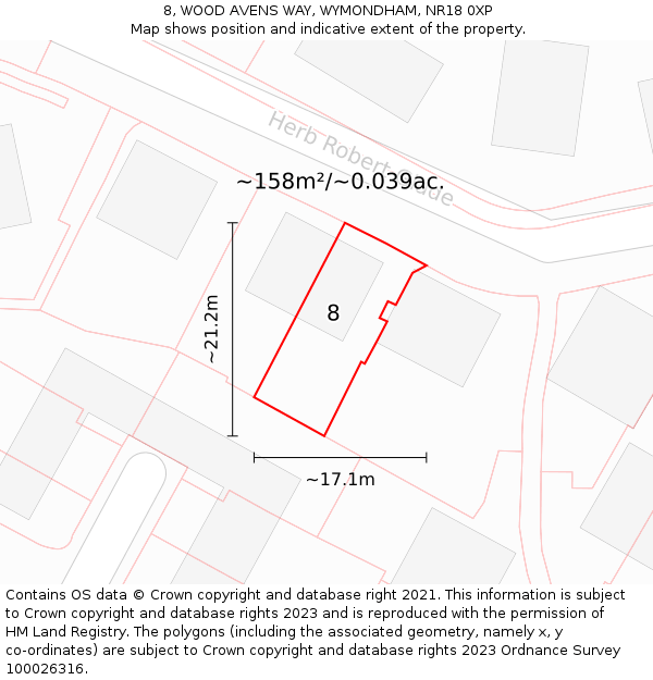 8, WOOD AVENS WAY, WYMONDHAM, NR18 0XP: Plot and title map
