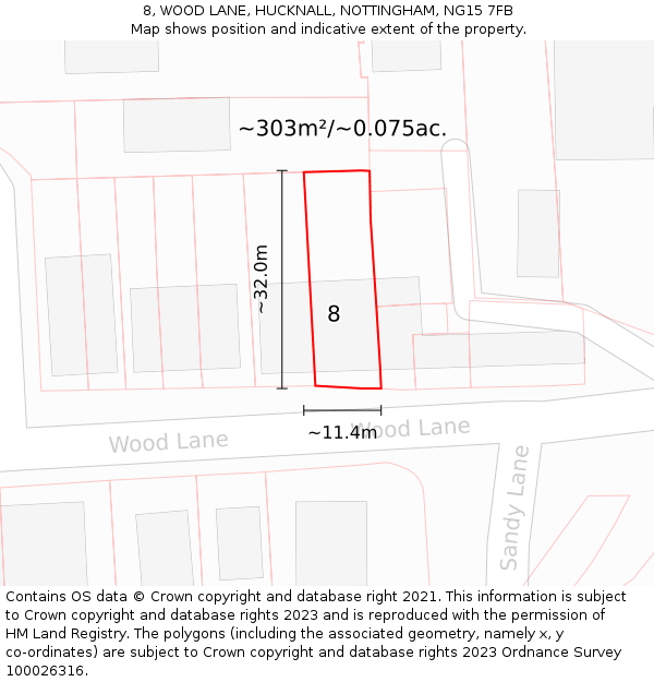 8, WOOD LANE, HUCKNALL, NOTTINGHAM, NG15 7FB: Plot and title map