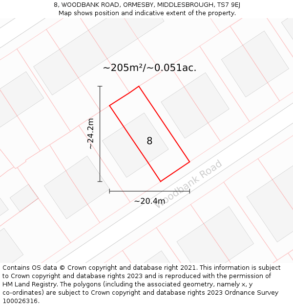 8, WOODBANK ROAD, ORMESBY, MIDDLESBROUGH, TS7 9EJ: Plot and title map