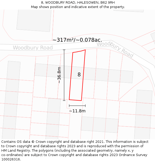 8, WOODBURY ROAD, HALESOWEN, B62 9RH: Plot and title map