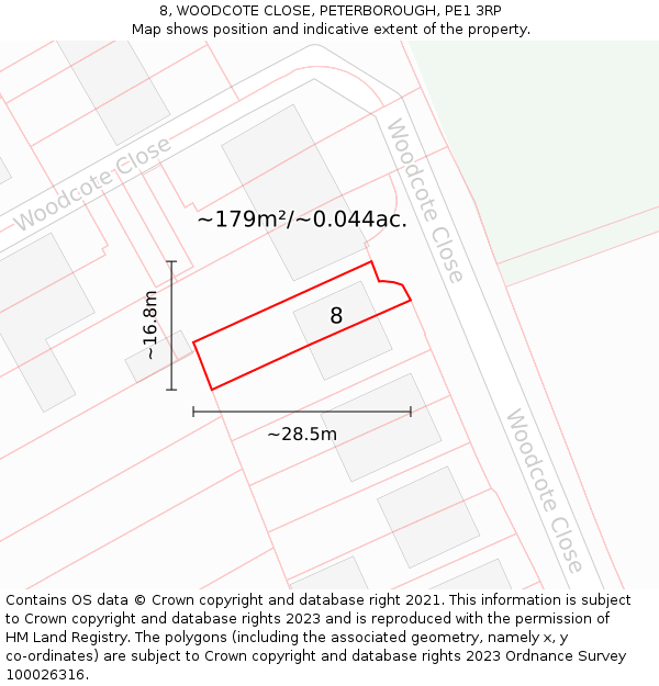 8, WOODCOTE CLOSE, PETERBOROUGH, PE1 3RP: Plot and title map