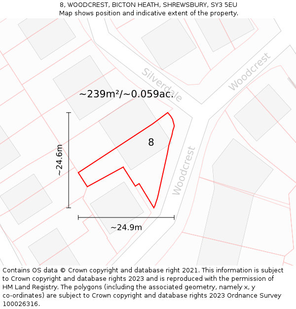 8, WOODCREST, BICTON HEATH, SHREWSBURY, SY3 5EU: Plot and title map