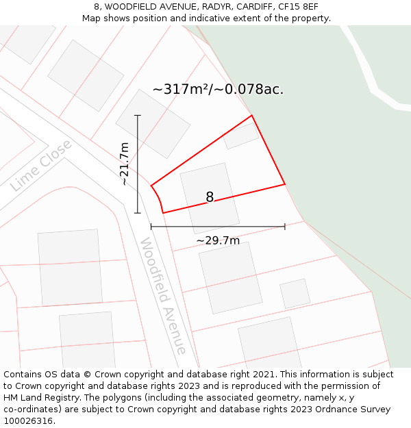 8, WOODFIELD AVENUE, RADYR, CARDIFF, CF15 8EF: Plot and title map