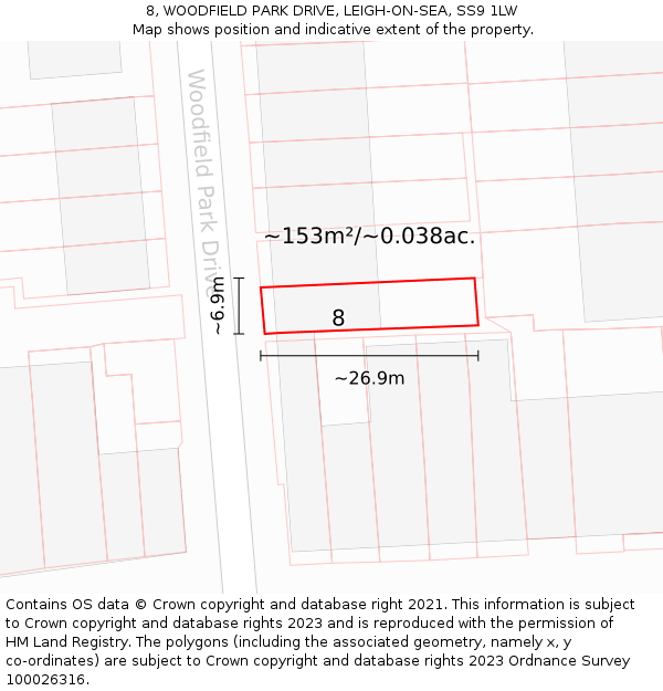 8, WOODFIELD PARK DRIVE, LEIGH-ON-SEA, SS9 1LW: Plot and title map