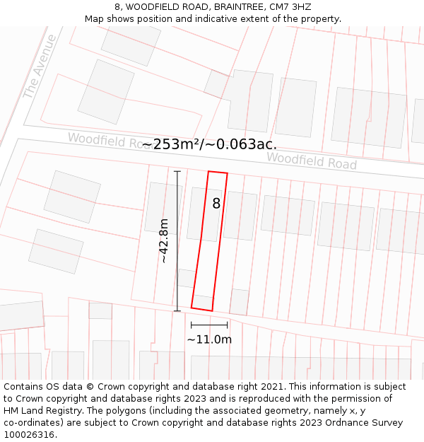 8, WOODFIELD ROAD, BRAINTREE, CM7 3HZ: Plot and title map