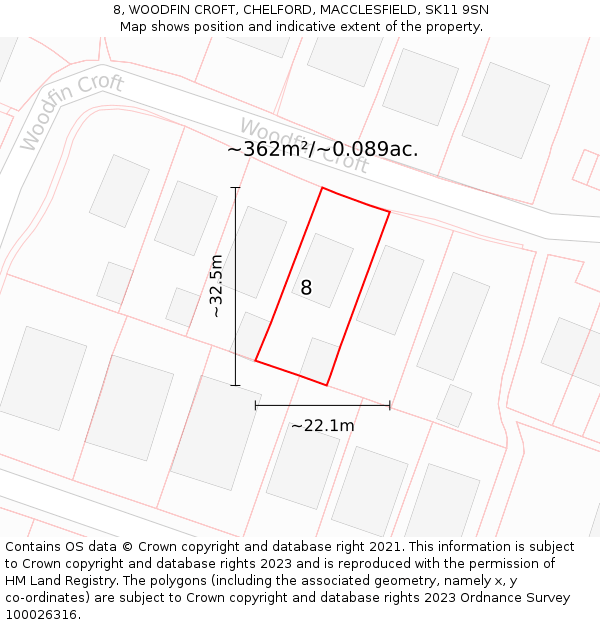 8, WOODFIN CROFT, CHELFORD, MACCLESFIELD, SK11 9SN: Plot and title map