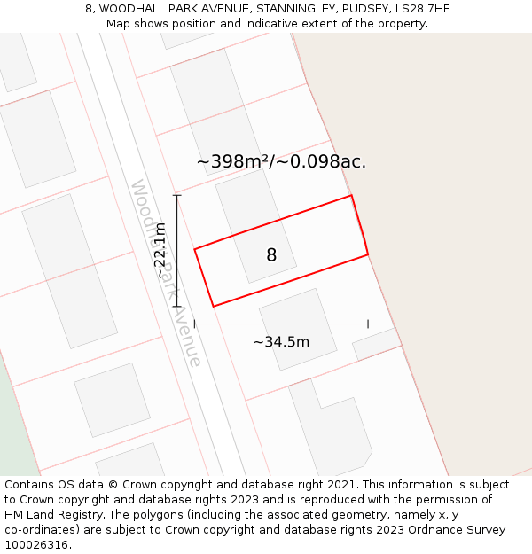 8, WOODHALL PARK AVENUE, STANNINGLEY, PUDSEY, LS28 7HF: Plot and title map
