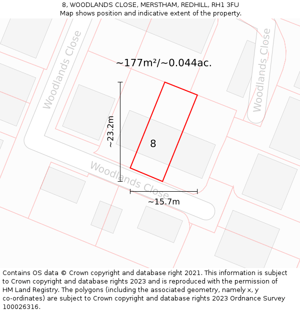 8, WOODLANDS CLOSE, MERSTHAM, REDHILL, RH1 3FU: Plot and title map