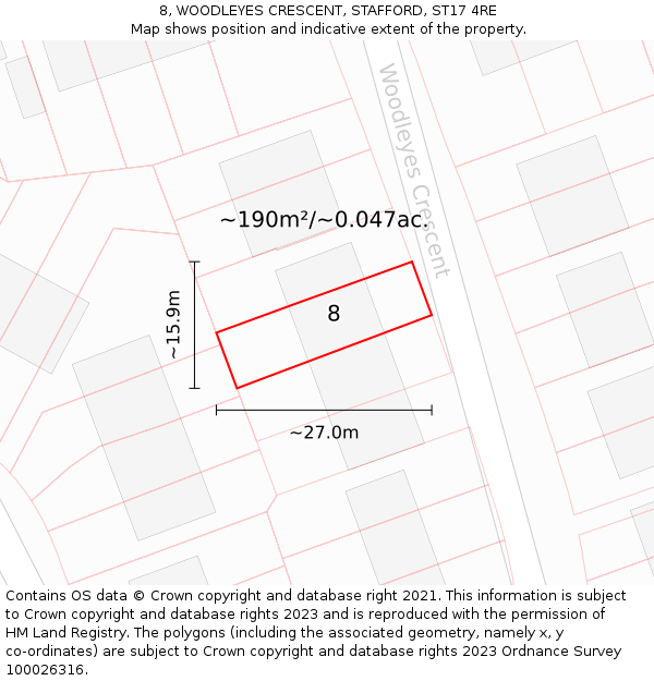8, WOODLEYES CRESCENT, STAFFORD, ST17 4RE: Plot and title map