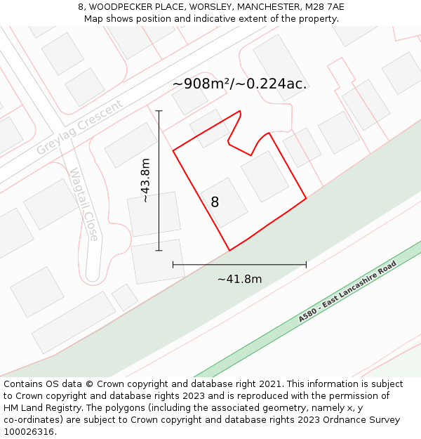 8, WOODPECKER PLACE, WORSLEY, MANCHESTER, M28 7AE: Plot and title map