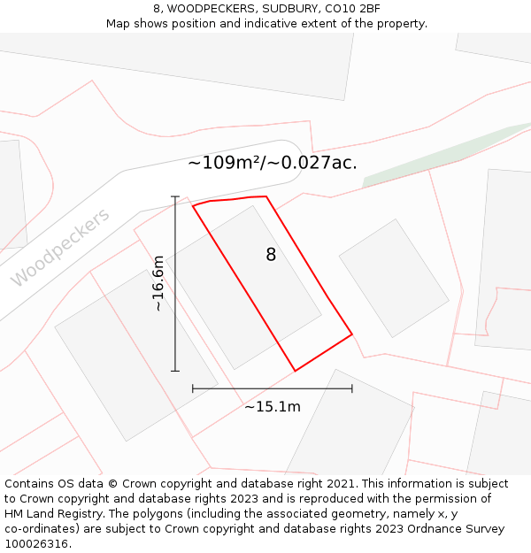 8, WOODPECKERS, SUDBURY, CO10 2BF: Plot and title map