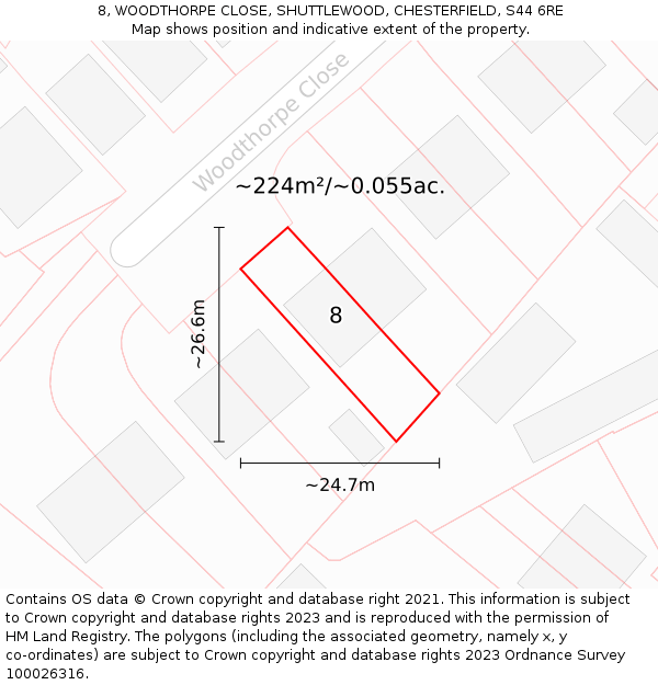 8, WOODTHORPE CLOSE, SHUTTLEWOOD, CHESTERFIELD, S44 6RE: Plot and title map