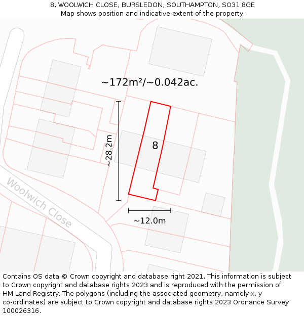 8, WOOLWICH CLOSE, BURSLEDON, SOUTHAMPTON, SO31 8GE: Plot and title map