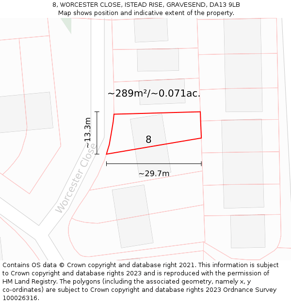 8, WORCESTER CLOSE, ISTEAD RISE, GRAVESEND, DA13 9LB: Plot and title map