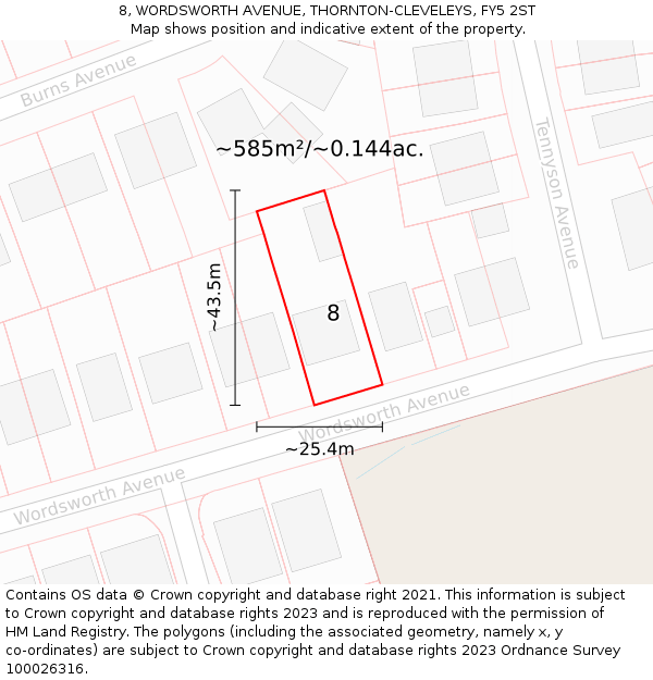 8, WORDSWORTH AVENUE, THORNTON-CLEVELEYS, FY5 2ST: Plot and title map