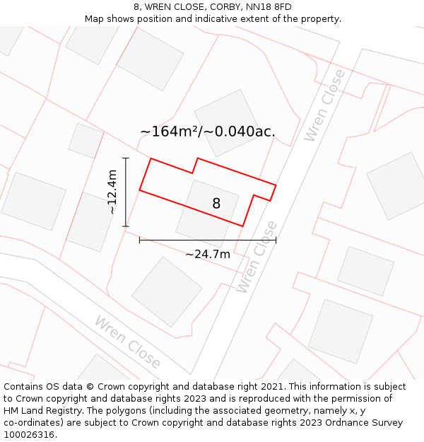 8, WREN CLOSE, CORBY, NN18 8FD: Plot and title map