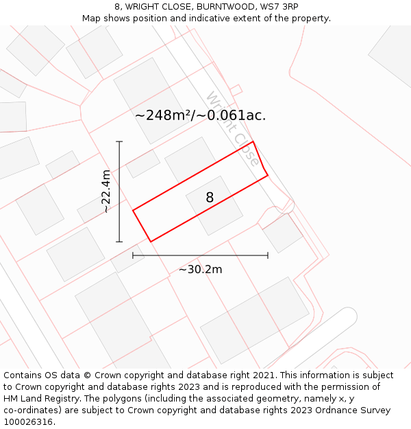 8, WRIGHT CLOSE, BURNTWOOD, WS7 3RP: Plot and title map
