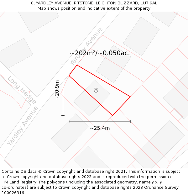 8, YARDLEY AVENUE, PITSTONE, LEIGHTON BUZZARD, LU7 9AL: Plot and title map
