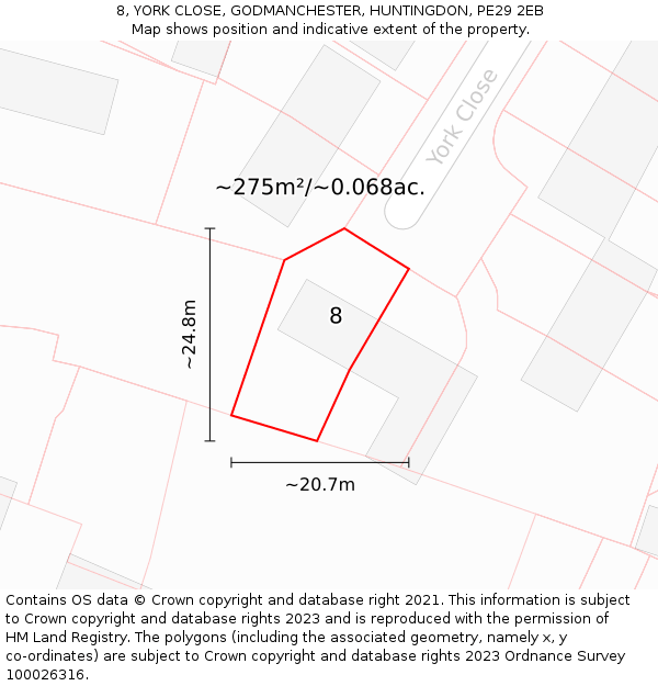 8, YORK CLOSE, GODMANCHESTER, HUNTINGDON, PE29 2EB: Plot and title map