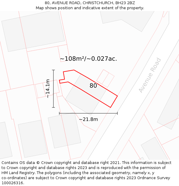 80, AVENUE ROAD, CHRISTCHURCH, BH23 2BZ: Plot and title map