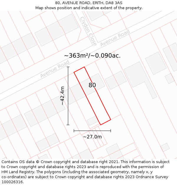80, AVENUE ROAD, ERITH, DA8 3AS: Plot and title map