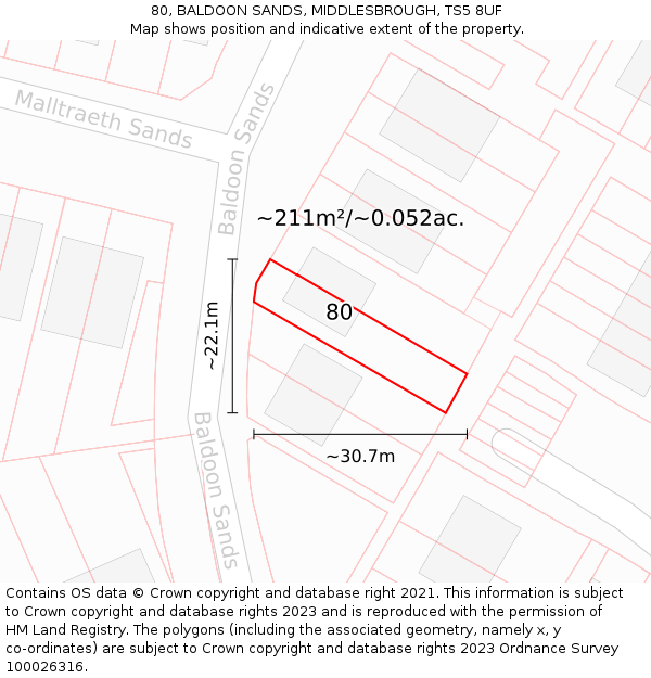 80, BALDOON SANDS, MIDDLESBROUGH, TS5 8UF: Plot and title map