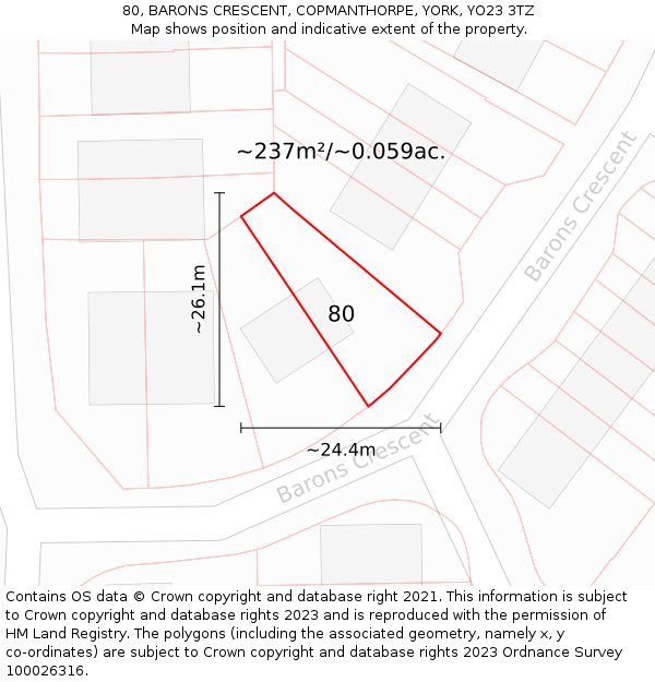 80, BARONS CRESCENT, COPMANTHORPE, YORK, YO23 3TZ: Plot and title map