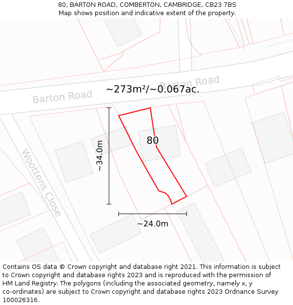80, BARTON ROAD, COMBERTON, CAMBRIDGE, CB23 7BS: Plot and title map
