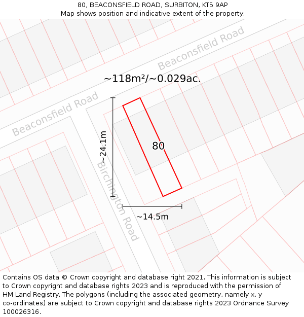 80, BEACONSFIELD ROAD, SURBITON, KT5 9AP: Plot and title map