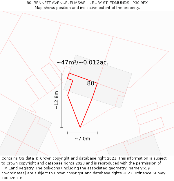 80, BENNETT AVENUE, ELMSWELL, BURY ST. EDMUNDS, IP30 9EX: Plot and title map