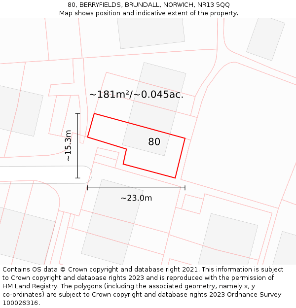 80, BERRYFIELDS, BRUNDALL, NORWICH, NR13 5QQ: Plot and title map