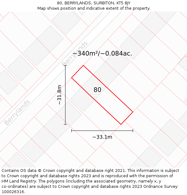 80, BERRYLANDS, SURBITON, KT5 8JY: Plot and title map
