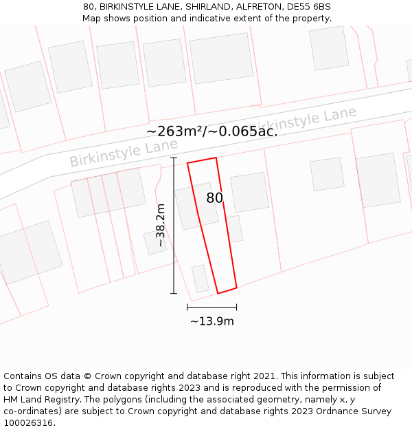 80, BIRKINSTYLE LANE, SHIRLAND, ALFRETON, DE55 6BS: Plot and title map