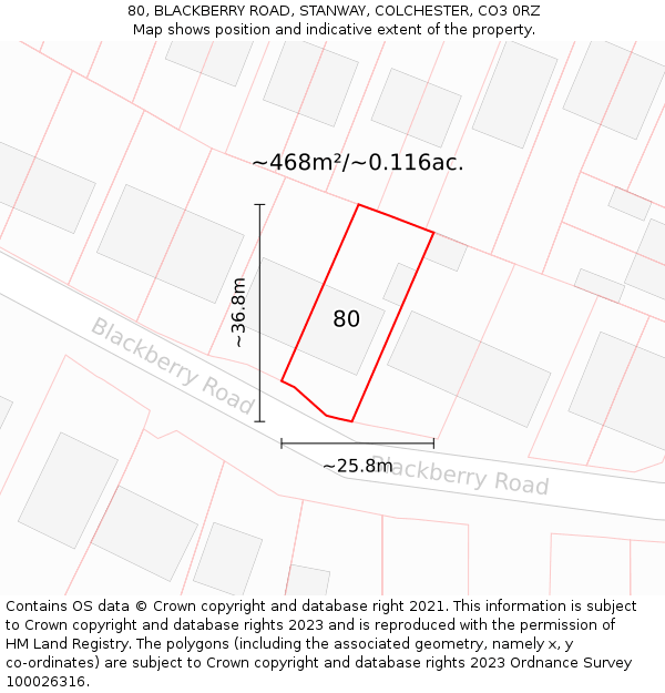 80, BLACKBERRY ROAD, STANWAY, COLCHESTER, CO3 0RZ: Plot and title map