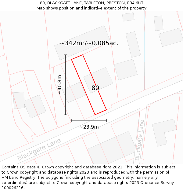 80, BLACKGATE LANE, TARLETON, PRESTON, PR4 6UT: Plot and title map