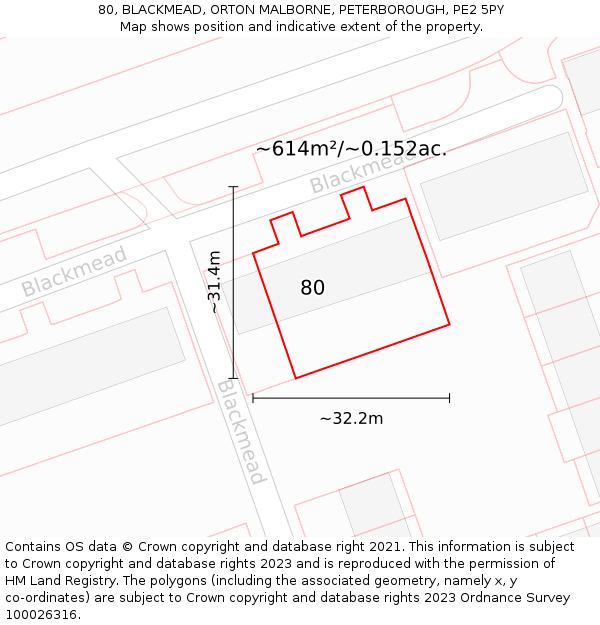80, BLACKMEAD, ORTON MALBORNE, PETERBOROUGH, PE2 5PY: Plot and title map