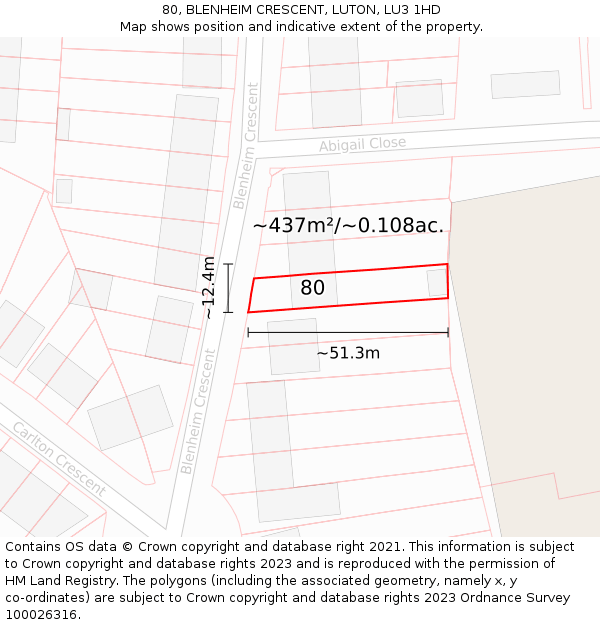 80, BLENHEIM CRESCENT, LUTON, LU3 1HD: Plot and title map