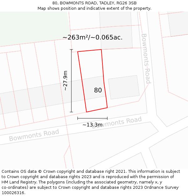 80, BOWMONTS ROAD, TADLEY, RG26 3SB: Plot and title map