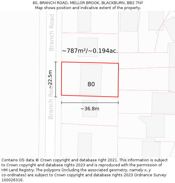 80, BRANCH ROAD, MELLOR BROOK, BLACKBURN, BB2 7NY: Plot and title map